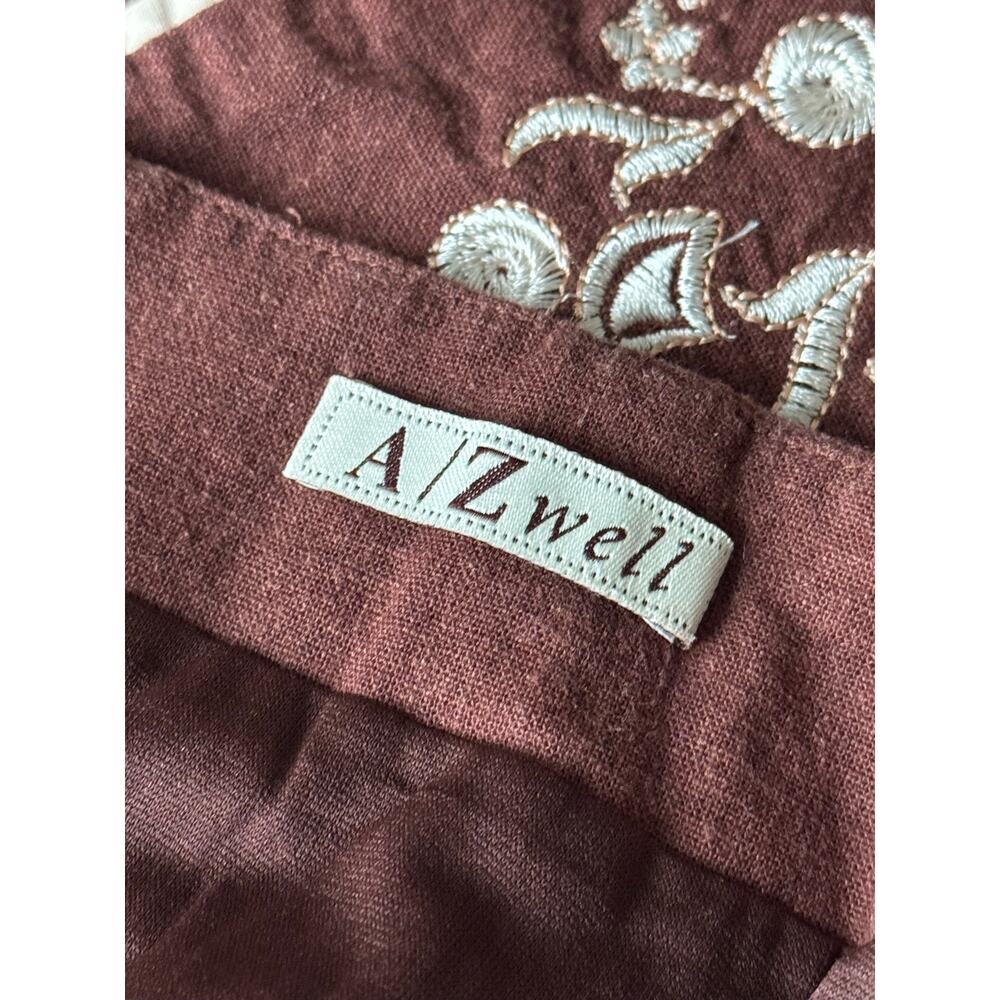 AZwell Linen Blend Embroidered Cottagecore Midi Skirt Brown Boho Prairie M - Picture 6 of 10
